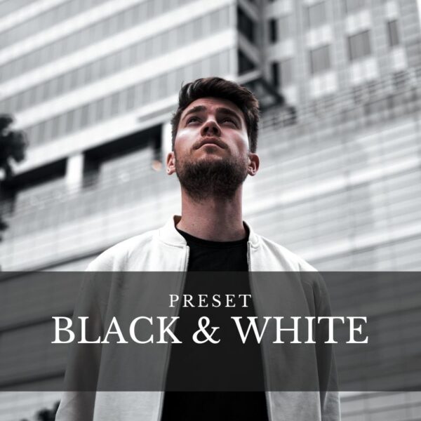 Zdjęcie produktowe presetu Black & White zawierające mężczyznę na tle wieżowca